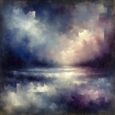The primary subject of the image is a beautiful sunset over the ocean. The setting is a beach with a body of water in the background. The visual style is a painting, which adds a sense of artistic expression to the scene. The dominant colors are shades of blue, purple, and orange, creating a serene and calming atmosphere.